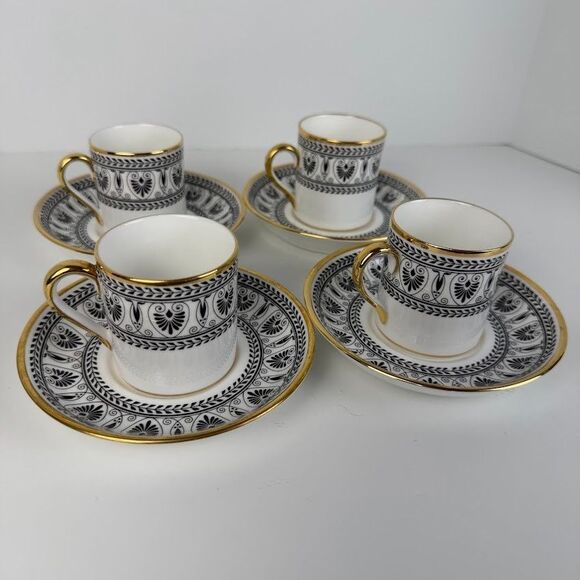 Crown Staffordshire Other - Vintage 1970s Crown Staffordshire Victoria Black Set of 4 Cups & 4 Saucers